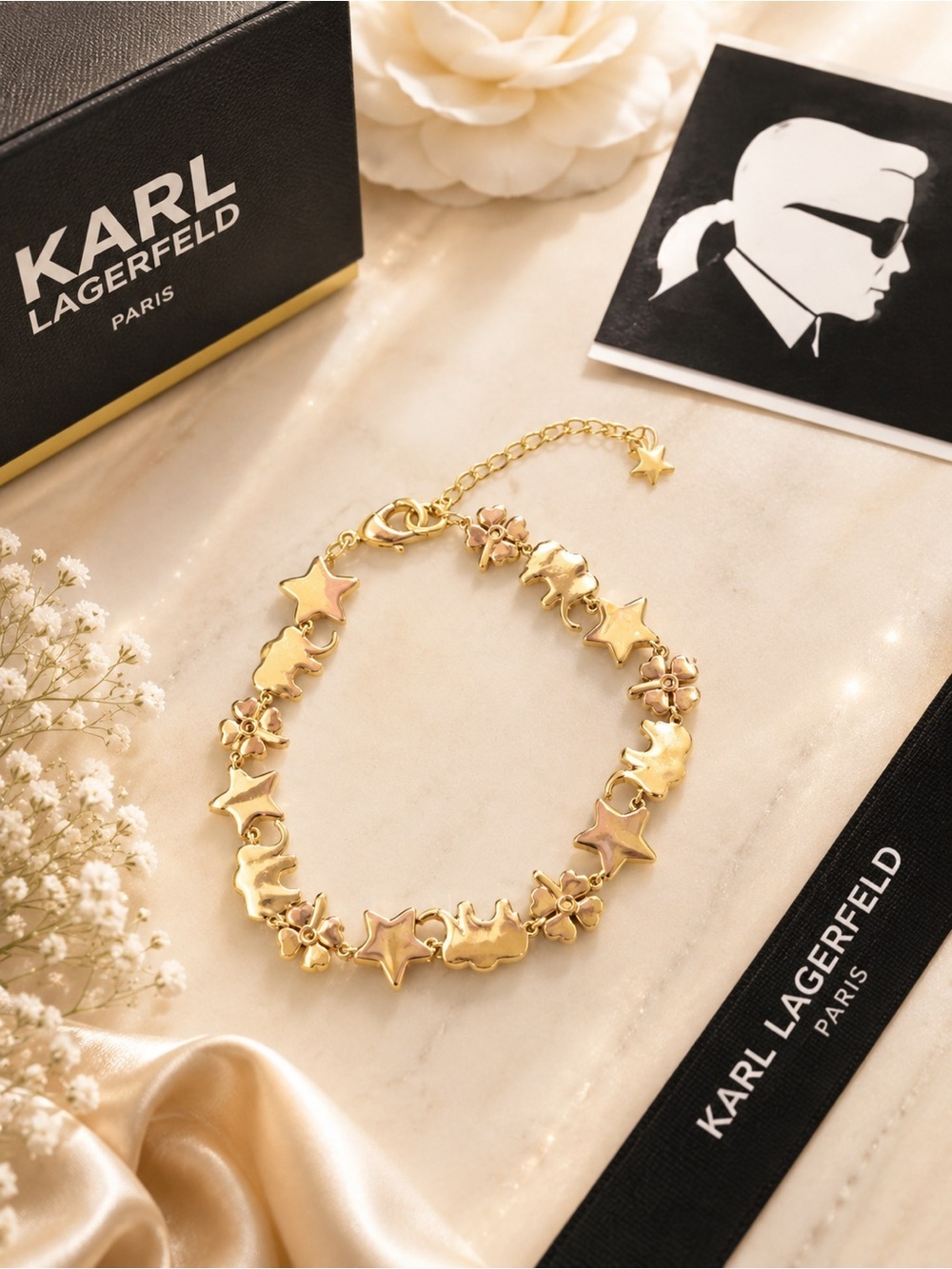 ✨ Gold Tone Elephant Star & Flower Charm Bracelet | Crystal Accents - Picture 2 of 2